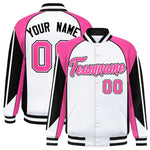 Custom White Pink Varsity Full-Snap Personalized Raglan Sleeves Color Block Letterman Jacket | BuyFootballJersey