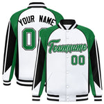 Custom White Kelly Green Varsity Full-Snap Personalized Raglan Sleeves Color Block Letterman Jacket | BuyFootballJersey