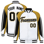 Custom White Old Gold Varsity Full-Snap Personalized Raglan Sleeves Color Block Letterman Jacket | BuyFootballJersey