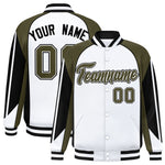 Custom White Olive Varsity Full-Snap Personalized Raglan Sleeves Color Block Letterman Jacket | BuyFootballJersey