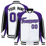 Custom White Purple Varsity Full-Snap Personalized Raglan Sleeves Color Block Letterman Jacket | BuyFootballJersey