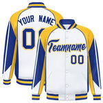 Custom White Gold Varsity Full-Snap Personalized Raglan Sleeves Color Block Letterman Jacket | BuyFootballJersey