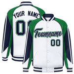 Custom White Kelly Green Varsity Full-Snap Personalized Raglan Sleeves Color Block Letterman Jacket | BuyFootballJersey