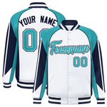 Custom White Aqua Varsity Full-Snap Personalized Raglan Sleeves Color Block Letterman Jacket | BuyFootballJersey