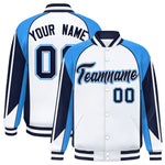 Custom White Powder Blue Varsity Full-Snap Personalized Raglan Sleeves Color Block Letterman Jacket | BuyFootballJersey