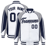 Custom White Gray Varsity Full-Snap Personalized Raglan Sleeves Color Block Letterman Jacket | BuyFootballJersey