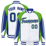 Custom White Green Varsity Full-Snap Personalized Raglan Sleeves Color Block Letterman Jacket | BuyFootballJersey