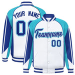 Custom White Sky Blue Varsity Full-Snap Personalized Raglan Sleeves Color Block Letterman Jacket | BuyFootballJersey