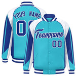Custom Sky Blue White Varsity Full-Snap Personalized Raglan Sleeves Color Block Letterman Jacket | BuyFootballJersey