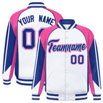 Custom White Pink Varsity Full-Snap Personalized Raglan Sleeves Color Block Letterman Jacket | BuyFootballJersey