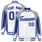 Custom White Gray Varsity Full-Snap Personalized Raglan Sleeves Color Block Letterman Jacket | BuyFootballJersey