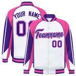 Custom White Pink Varsity Full-Snap Personalized Raglan Sleeves Color Block Letterman Jacket | BuyFootballJersey