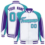 Custom White Aqua Varsity Full-Snap Personalized Raglan Sleeves Color Block Letterman Jacket | BuyFootballJersey
