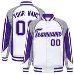 Custom White Gray Varsity Full-Snap Personalized Raglan Sleeves Color Block Letterman Jacket | BuyFootballJersey