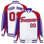 Custom White Red Varsity Full-Snap Personalized Raglan Sleeves Color Block Letterman Jacket | BuyFootballJersey