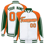Custom White Orange Varsity Full-Snap Personalized Raglan Sleeves Color Block Letterman Jacket | BuyFootballJersey