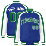 Custom Royal White Varsity Full-Snap Color Block Personalized Raglan Sleeves Letterman Jacket | BuyFootballJersey