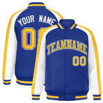 Custom Royal White Varsity Full-Snap Color Block Personalized Raglan Sleeves Letterman Jacket | BuyFootballJersey