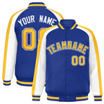 Custom Royal White Varsity Full-Snap Color Block Personalized Raglan Sleeves Letterman Jacket | BuyFootballJersey