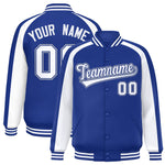 Custom Royal White Varsity Full-Snap Color Block Personalized Raglan Sleeves Letterman Jacket | BuyFootballJersey