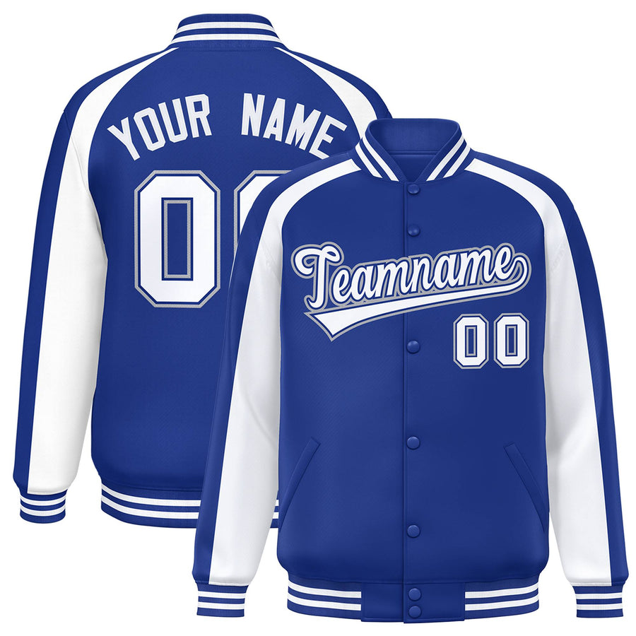 Custom Royal White Varsity Full-Snap Color Block Personalized Raglan Sleeves Letterman Jacket | BuyFootballJersey