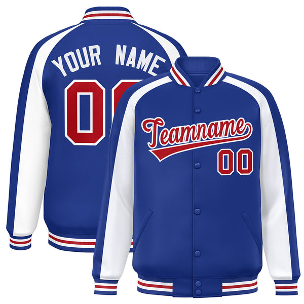 Custom Royal White Varsity Full-Snap Color Block Personalized Raglan Sleeves Letterman Jacket | BuyFootballJersey