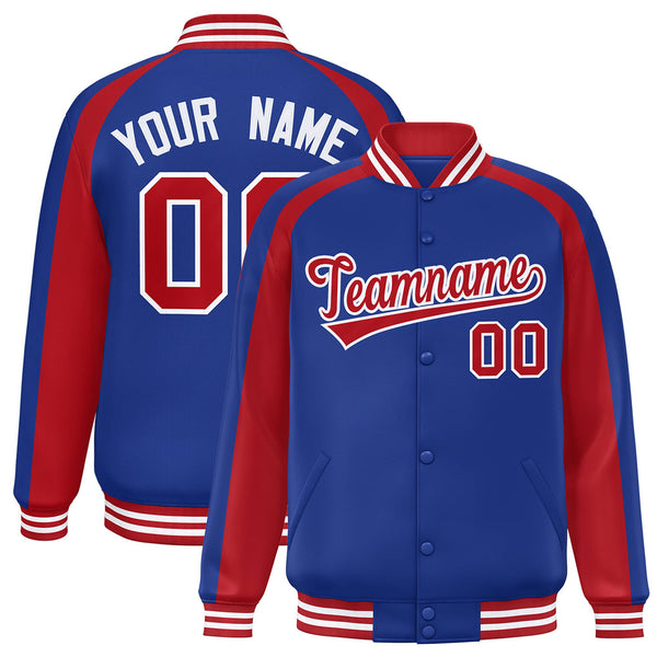Custom Royal Red Varsity Full-Snap Color Block Personalized Raglan Sleeves Letterman Jacket | BuyFootballJersey