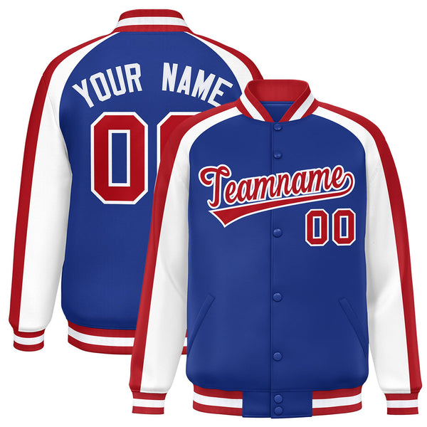 Custom Royal White Varsity Full-Snap Color Block Personalized Raglan Sleeves Letterman Jacket | BuyFootballJersey