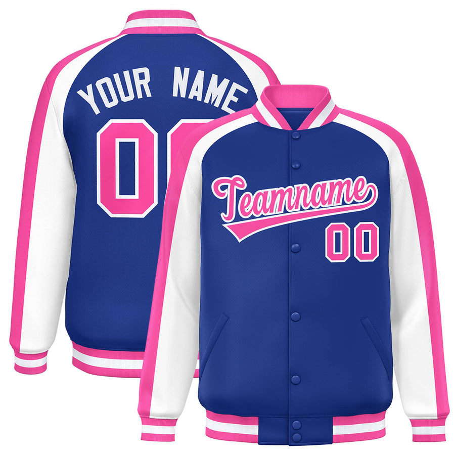Custom Royal White Varsity Full-Snap Color Block Personalized Raglan Sleeves Letterman Jacket | BuyFootballJersey