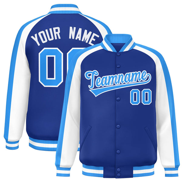 Custom Royal White Varsity Full-Snap Color Block Personalized Raglan Sleeves Letterman Jacket | BuyFootballJersey