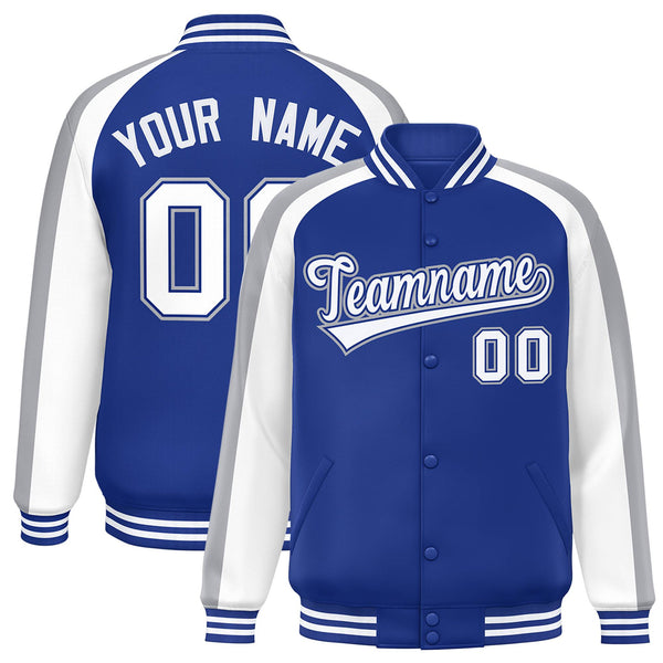 Custom Royal White Varsity Full-Snap Color Block Personalized Raglan Sleeves Letterman Jacket | BuyFootballJersey