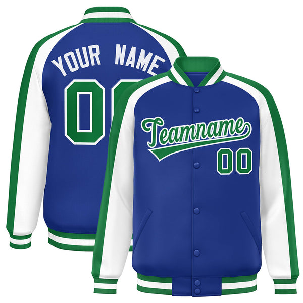 Custom Royal White Varsity Full-Snap Color Block Personalized Raglan Sleeves Letterman Jacket | BuyFootballJersey