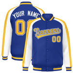 Custom Royal White Varsity Full-Snap Color Block Personalized Raglan Sleeves Letterman Jacket | BuyFootballJersey