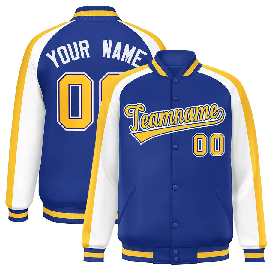 Custom Royal White Varsity Full-Snap Color Block Personalized Raglan Sleeves Letterman Jacket | BuyFootballJersey