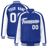 Custom Royal White Varsity Full-Snap Color Block Personalized Raglan Sleeves Letterman Jacket | BuyFootballJersey