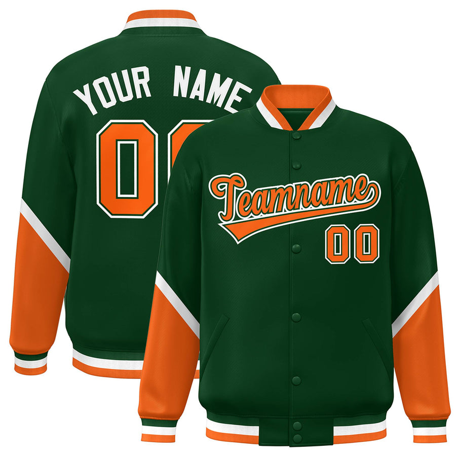 Custom Green Orange Varsity Full-Snap Color Block Letterman Baseball Jacket | BuyFootballJersey