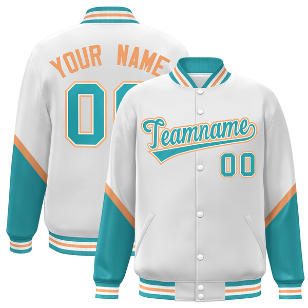 Custom White Aqua Varsity Full-Snap Color Block Letterman Baseball Jacket | BuyFootballJersey