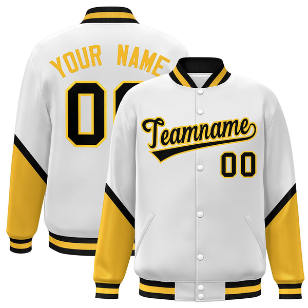 Custom White Gold Varsity Full-Snap Color Block Letterman Baseball Jacket | BuyFootballJersey
