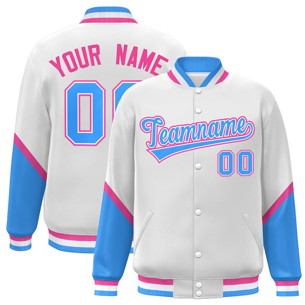 Custom White Powder Blue Varsity Full-Snap Color Block Letterman Baseball Jacket | BuyFootballJersey