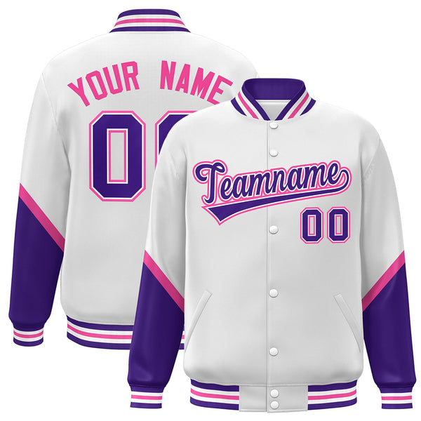 Custom White Purple Varsity Full-Snap Color Block Letterman Baseball Jacket | BuyFootballJersey