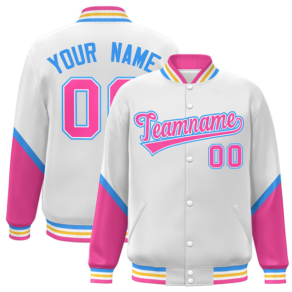Custom White Pink Varsity Full-Snap Color Block Letterman Baseball Jacket | BuyFootballJersey