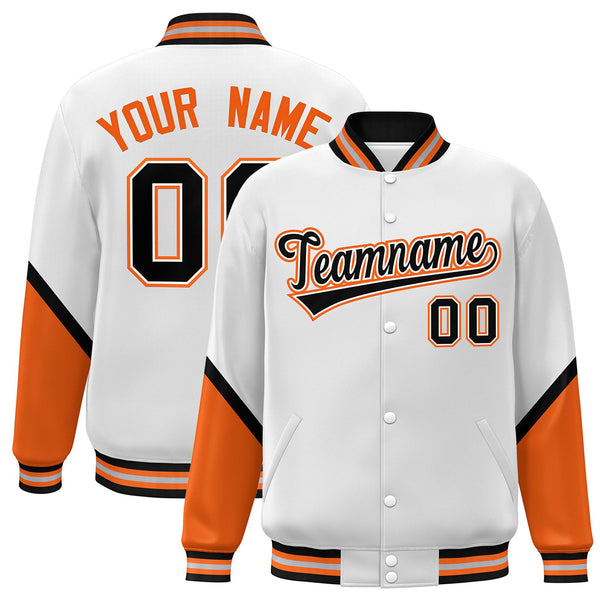 Custom White Orange Varsity Full-Snap Color Block Letterman Baseball Jacket | BuyFootballJersey