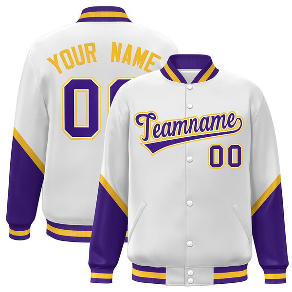 Custom White Purple Varsity Full-Snap Color Block Letterman Baseball Jacket | BuyFootballJersey