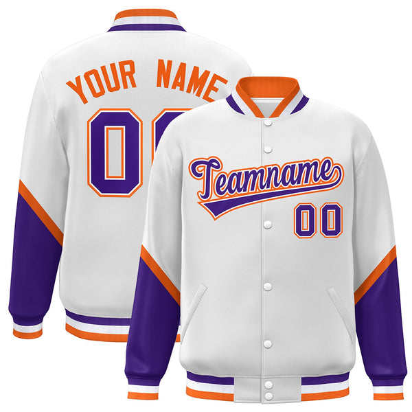 Custom White Purple Varsity Full-Snap Color Block Letterman Baseball Jacket | BuyFootballJersey