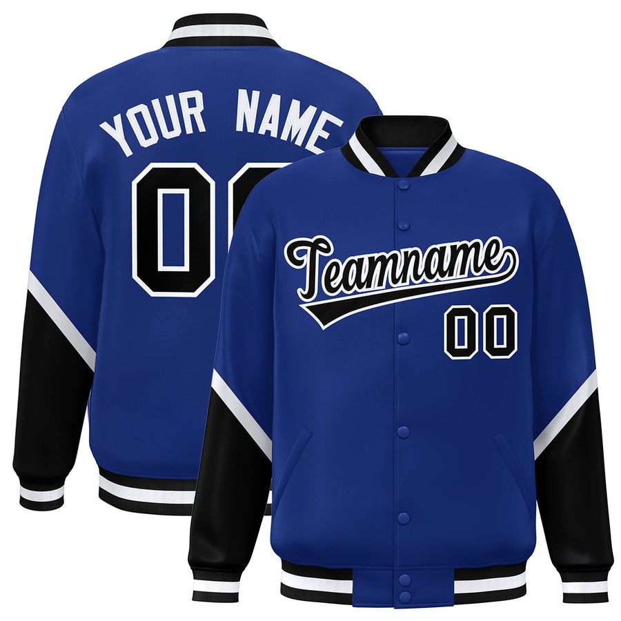 Custom Royal Black Varsity Full-Snap Color Block Letterman Baseball Jacket | BuyFootballJersey
