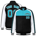 Custom Sky Blue Black K-Ribbon Raglan Sleeves Varsity Full-Snap Color Block Letterman Jacket | BuyFootballJersey