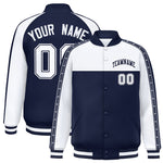 Custom White Navy K-Ribbon Raglan Sleeves Varsity Full-Snap Color Block Letterman Jacket | BuyFootballJersey