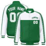 Custom White Kelly Green K-Ribbon Raglan Sleeves Varsity Full-Snap Color Block Letterman Jacket | BuyFootballJersey