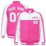 Custom White Pink K-Ribbon Raglan Sleeves Varsity Full-Snap Color Block Letterman Jacket | BuyFootballJersey