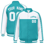 Custom White Aqua K-Ribbon Raglan Sleeves Varsity Full-Snap Color Block Letterman Jacket | BuyFootballJersey
